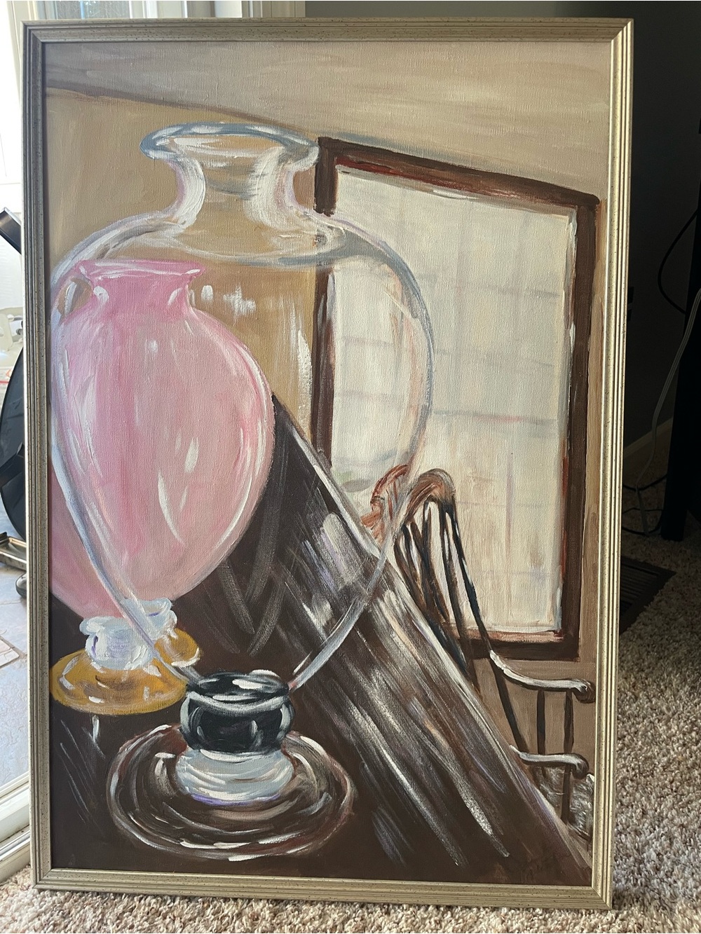 Original Framed Canvas Oil Painting Still Life Glassware & Pink Vase Home Decor